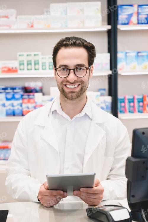 Preview: Pharmacist using digital tablet standing at cash point desk in pharmacy drugstore