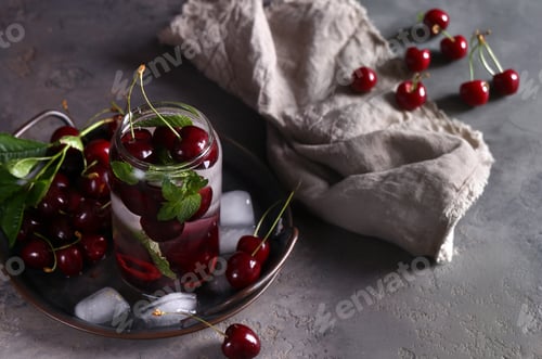 Preview: summer drink cherry lemonade with ice and mint