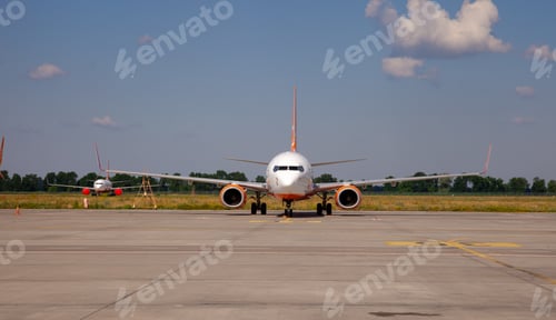 Preview: Airplane on the platform of Airport. Plane with copy space. Runway. Outdoor,
