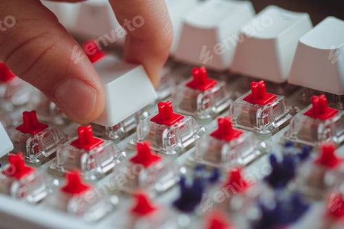Preview: fingers placing a keycap on a white mechanical keyboard