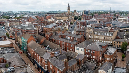 Preview: Aerial panorama of Wakefield city centre in West Yorkshire