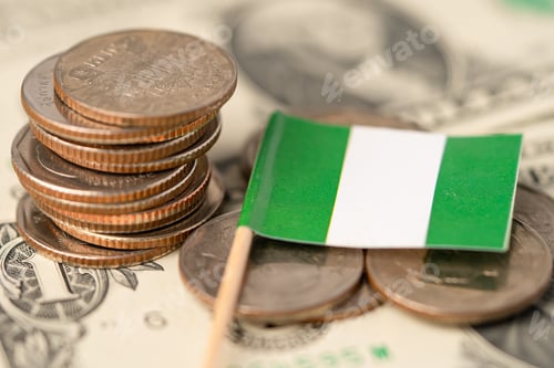 Preview: Stack of coins with Nigeria flag on white background.