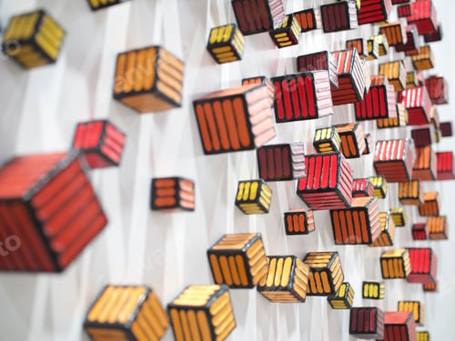 Preview: Abstract gold wall art red and yellow cubes