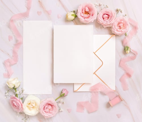 Preview: Blank paper cards between pink roses and pink silk ribbons on pink top view, wedding mockup