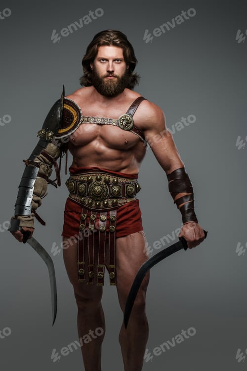 Preview: Gladiator with long hair and a beard, donning light armor wearing two swords