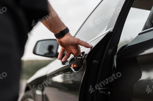 Preview: man driver opens the car door. Men's hand opening by the handle of the car door. Guy rented a car