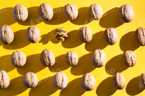 Preview: Walnuts lie in rows on yellow cardboard, among them one walnut kernel. Top view. Hard light