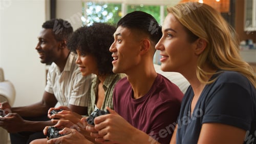 Preview: Four Friends Engaged in Exciting Video Game Competition at Home During Evening Hours