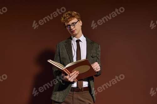 Preview: Stylish young man reading a book against a warm brown background in a creative setting