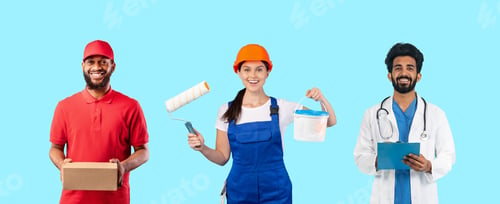 Preview: Different People In Work Uniforms Posing Over Blue Background,