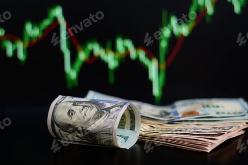 Preview: US dollar bills on a background with dynamics of exchange rates. Trading and financial risk concept