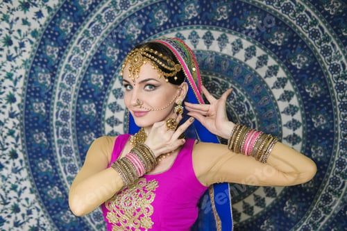 Preview: Woman In Indian Clothes Dancing Belly Dance. Young Beautiful Woman In National Costume Dancing