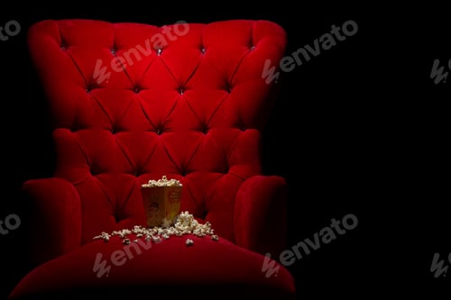 Preview: Closeup shot of popcorn on a red cinema chair in the dark - cinema concept