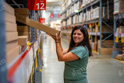Preview: Woman customer looking up and pulling product on shelf while shopping in storage of shop