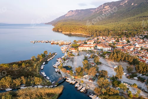 Preview: Akyaka is situated at the Gulf of Gokova. Beautiful beach and coast view. Aerial view of Akyaka.