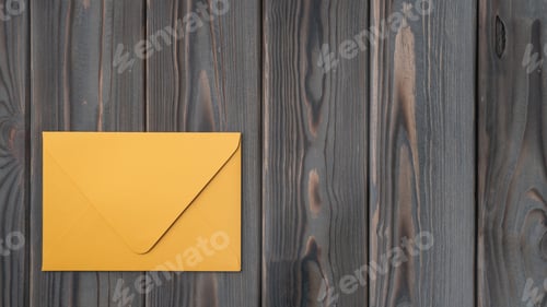 Preview: Flat lay of yellow closed envelope on grey wooden table. Correspondence, mailing, post office