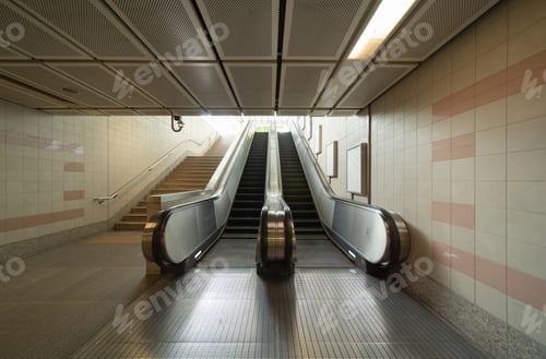 Preview: Empty modern escalator at subway station. Electric system moving staircase. Floor and step level.