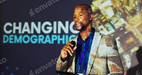 Preview: Presenter, conference and black man on a stage with demographics for mortality, population growth a