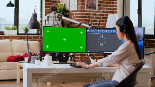 Preview: Asian freelancer developer working with headphones and chroma key screen