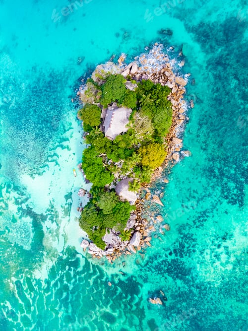 Preview: Drone view from above at a tropical beach in the Seychelles, Anse Volbert beach Praslin