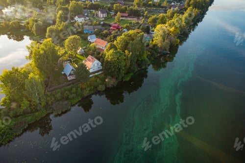 Preview: Aerial view, curves of river landscape. Sunrise.