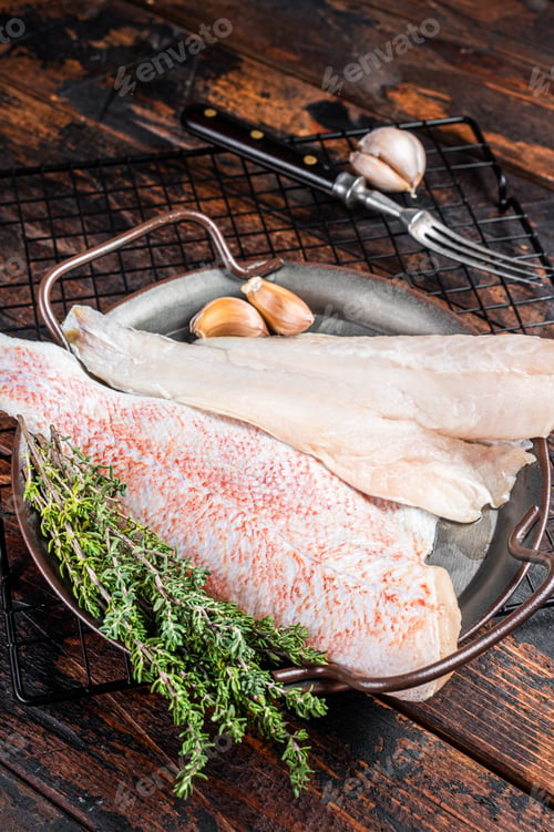 Preview: Raw red perch fillet, redfish fish meat in a steel tray. Wooden background. Top view
