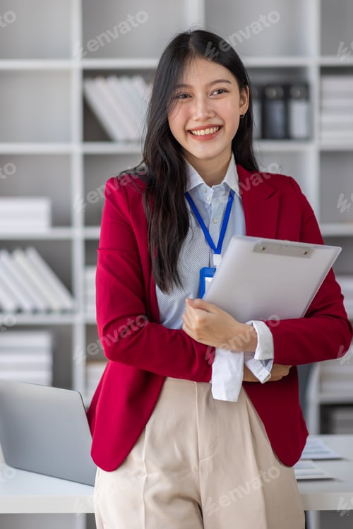 Preview: Young asian woman, professional entrepreneur standing in office clothing, smiling and looking confid