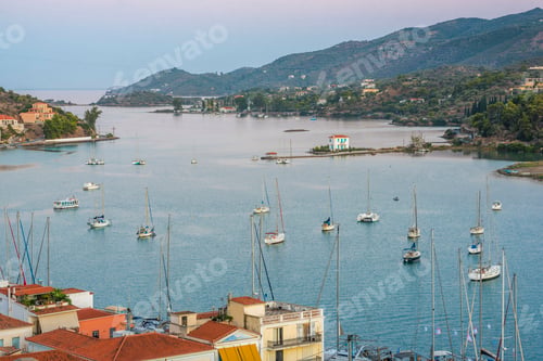 Preview: Sailing boats at sunset, Poros Island, Saronic Island, Aegean Coast, Greece, Europe