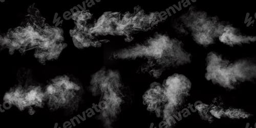 Preview: set of different types of swirling writhing smoke, steam isolated on black background for overlaying