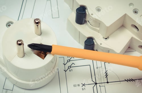 Preview: Screwdrivers with electric fuse on plan of house. Construction diagrams, accessories and work tools