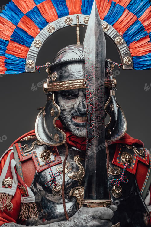 Preview: Dead roman soldier with bloody sword against gray background