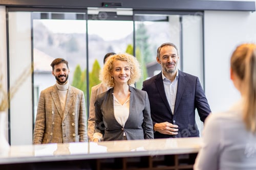 Preview: Group of business people arriving in a hotel for a business conference.