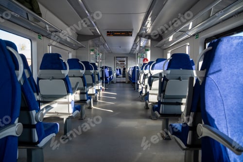 Preview: Interior of modern passenger high-speed express train. Inside the train carriage.