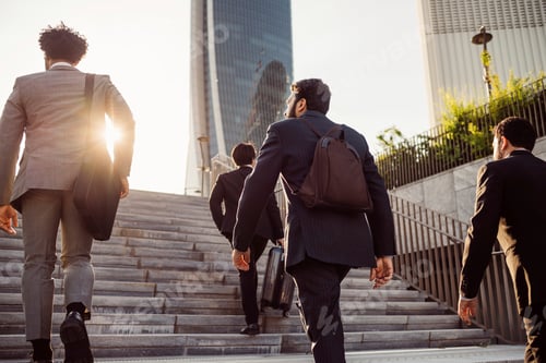 Preview: Business professionals walking up steps in a bustling city at sunrise