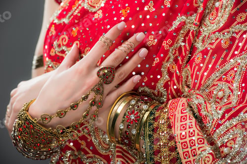 Preview: cropped view of indian woman posing in traditional clothing, isolated on grey
