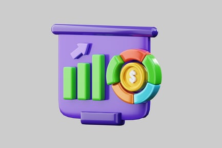 Stylized Purple Scroll with Bar Graph and Pie Chart