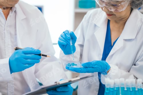 Preview: Senior scientists analyzing pharmaceuticals, asian people, senior man woman, experienced experts