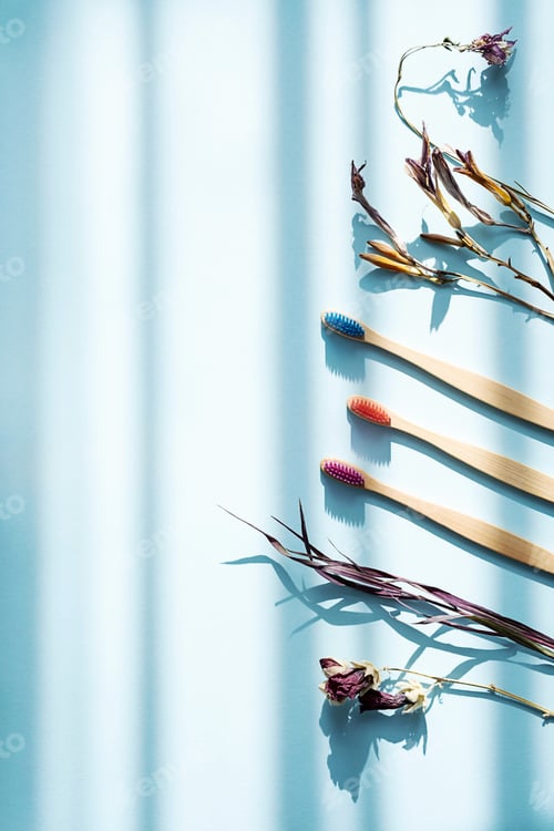 Preview: Zero Waste Multicolored Bamboo Toothbrushes with Dried Flowers on Blue