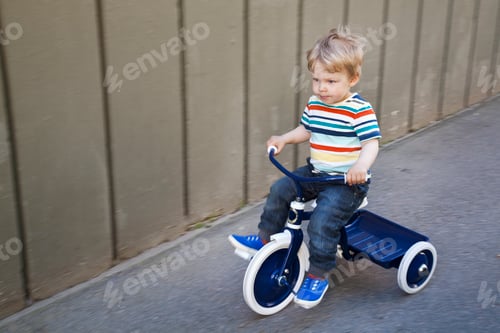 Preview: Male toddler playing on tricycle in garden