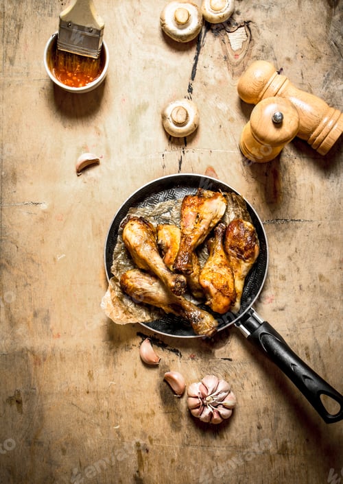 Preview: Fried chicken legs in pan with tomato sauce