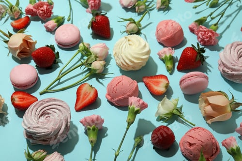 Preview: Macaroons, marshmallows, flowers and strawberry on blue background