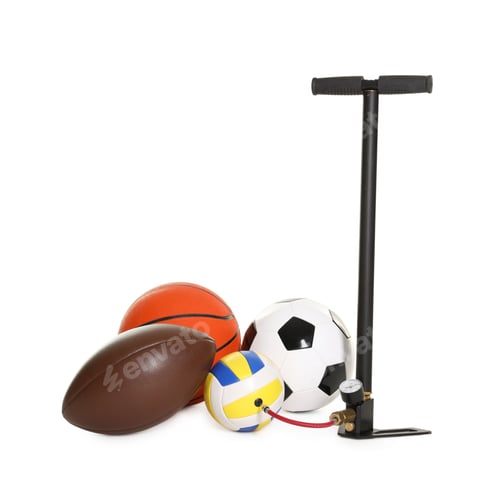 Preview: Different sport balls and manual air pump isolated on white