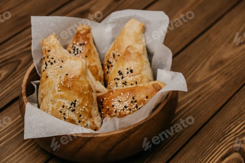 Preview: samsa or samosa with meat and vegetables on wooden background. traditional food in oriental cuisine.