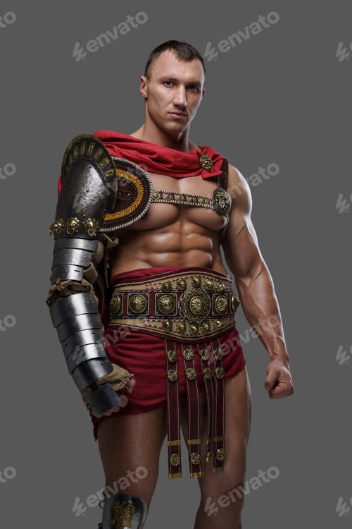 Preview: Roman gladiator champion with red cape against grey background