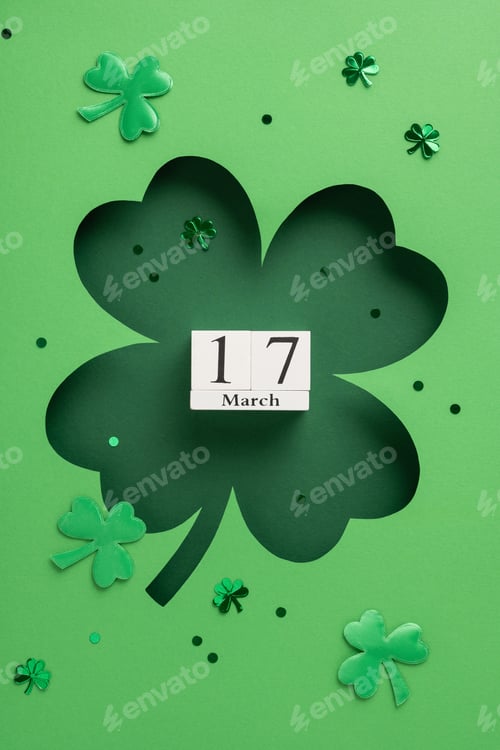 Preview: A vertical creative green background with shamrock cutouts highlighting March 17