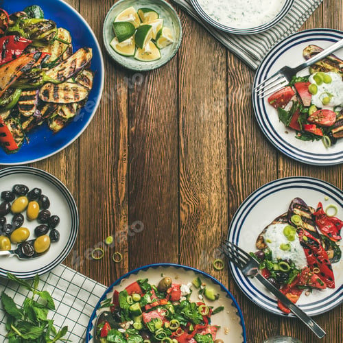Preview: Flat-lay of healthy vegetarian dinner table setting, square crop