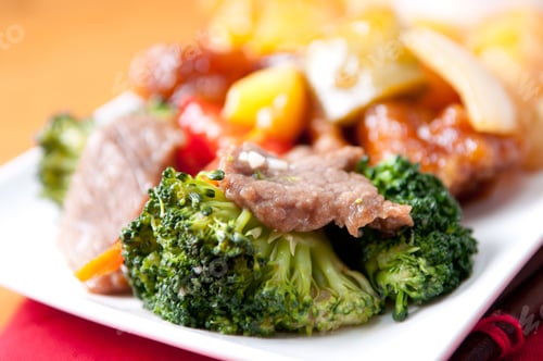 Preview: chinese food with fried rice, beef, chicken and fresh