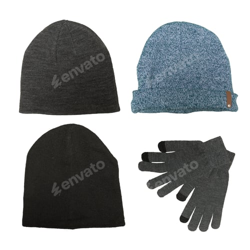 Preview: Winter Knitted Hats and Gloves Collection on White