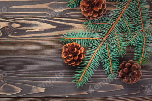 Preview: Christmas decoration with fir tree and pine cones on white wooden background