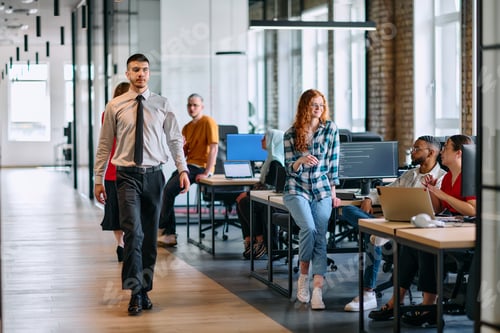Preview: A diverse group of young business individuals congregates in a modern startup coworking center
